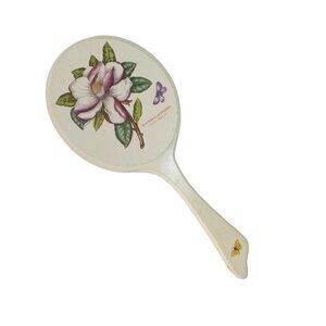 Ivory Hand-Held Mirror Painted Wood Magnolia Altissima Flower Gloss Finish VTG
